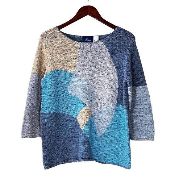 VTG J.H. COLLECTIBLES Blue Beige Color Block Long Sleeve Knit Sweater Top Sz XL - Picture 11 of 16